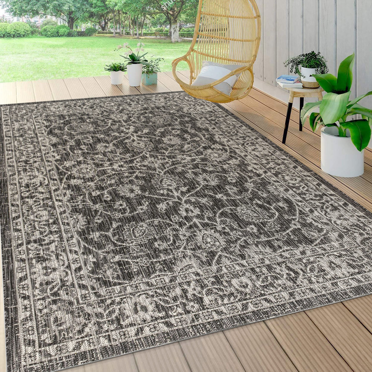 Eyely Vine and Border Octagon Area Rug 5 Ft Black/Gray, Indoor Outdoor Rug