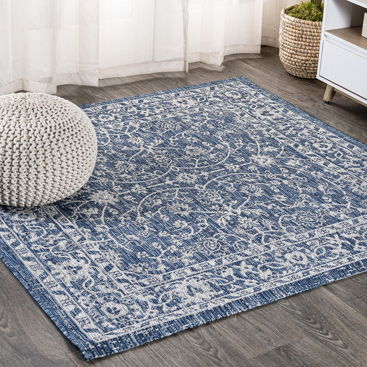 Eyely Vine and Border Octagon Area Rug 8 Ft Navy/Gray, Indoor Outdoor Rug