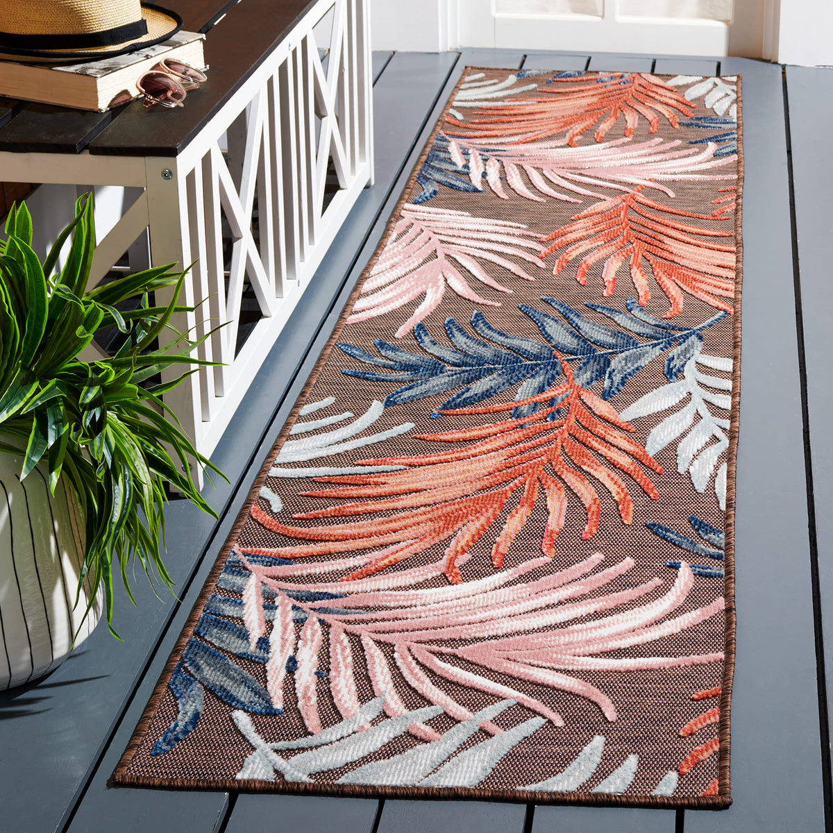 SAFAVIEH Washable Rug Outdoor Cabana Collection - 6'5" x 9'6", Blue & Rust, Non-Shedding & Easy to Clean, Ideal for Patio, Backyard, Mudroom (CBN458M)