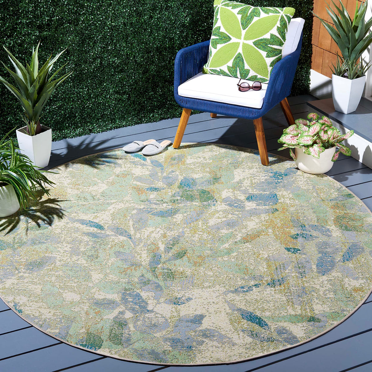 SAFAVIEH Washable Rug Outdoor Barbados Collection - 8' x 10'5", Blue & Ivory, Non-Shedding & Easy to Clean, Ideal for Patio, Backyard, Mudroom (BAR594M)