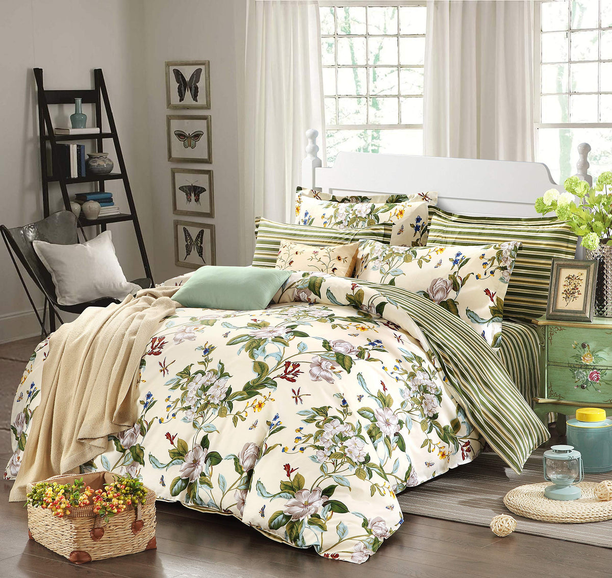 FADFAY Floral Duvet Cover Set 100% Cotton Green Striped and Beige Bedding White Flower Branches Print 600 TC Soft Reversible Zipper Bed Cover & 2 Pillowcases,King/Cal King(106x92)