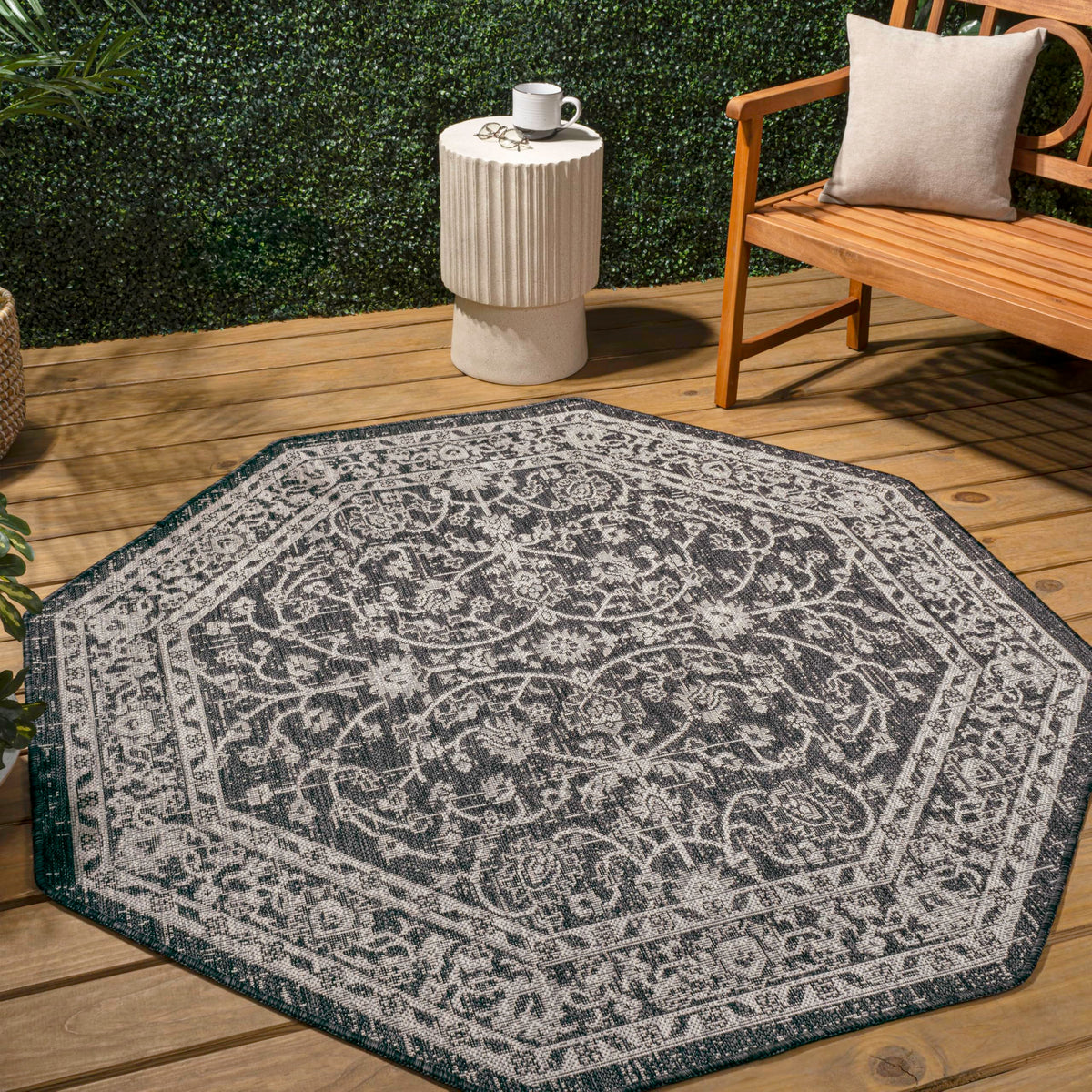 Eyely Vine and Border Octagon Area Rug 8 Ft Navy/Gray, Indoor Outdoor Rug
