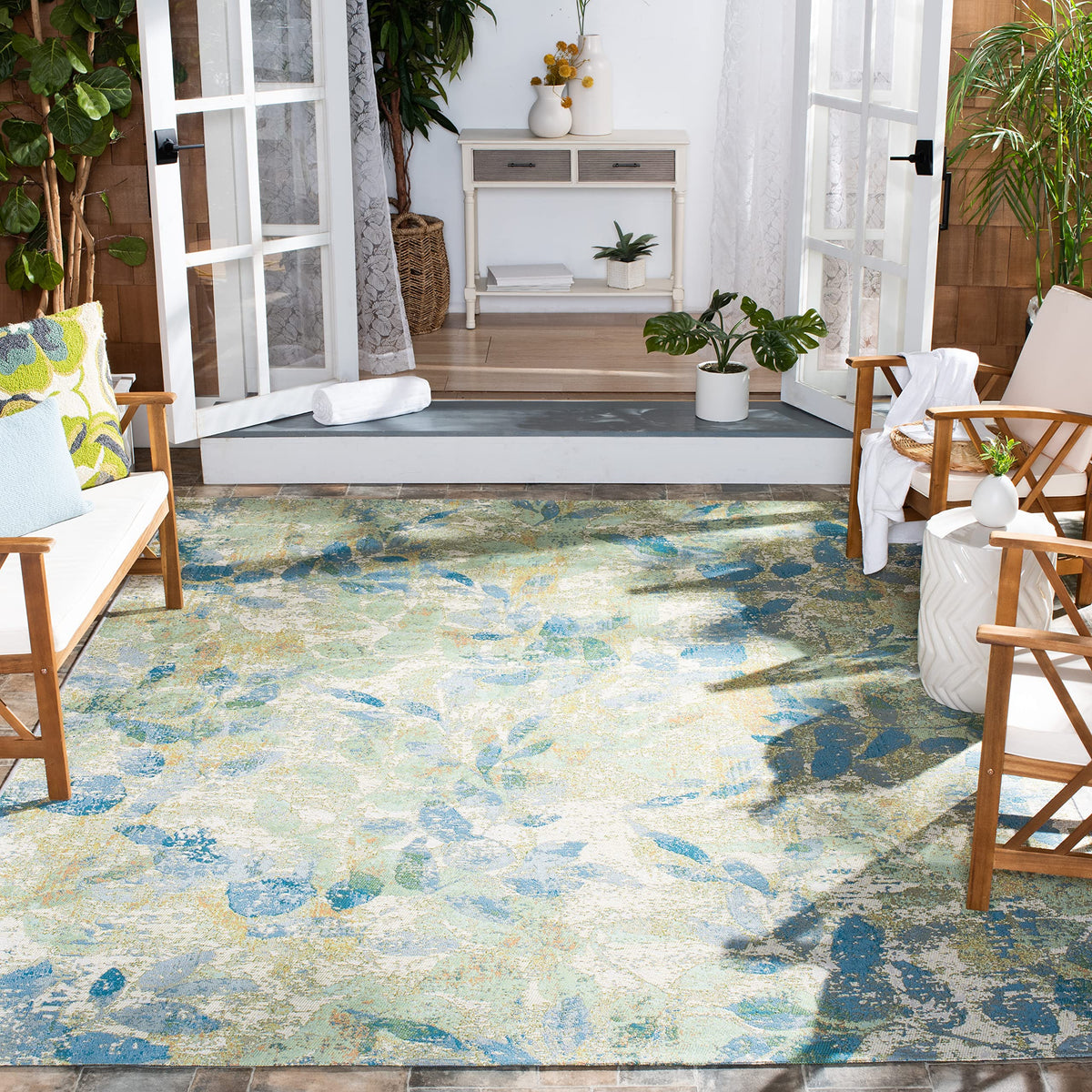 SAFAVIEH Washable Rug Outdoor Barbados Collection - 8' x 10'5", Blue & Ivory, Non-Shedding & Easy to Clean, Ideal for Patio, Backyard, Mudroom (BAR594M)