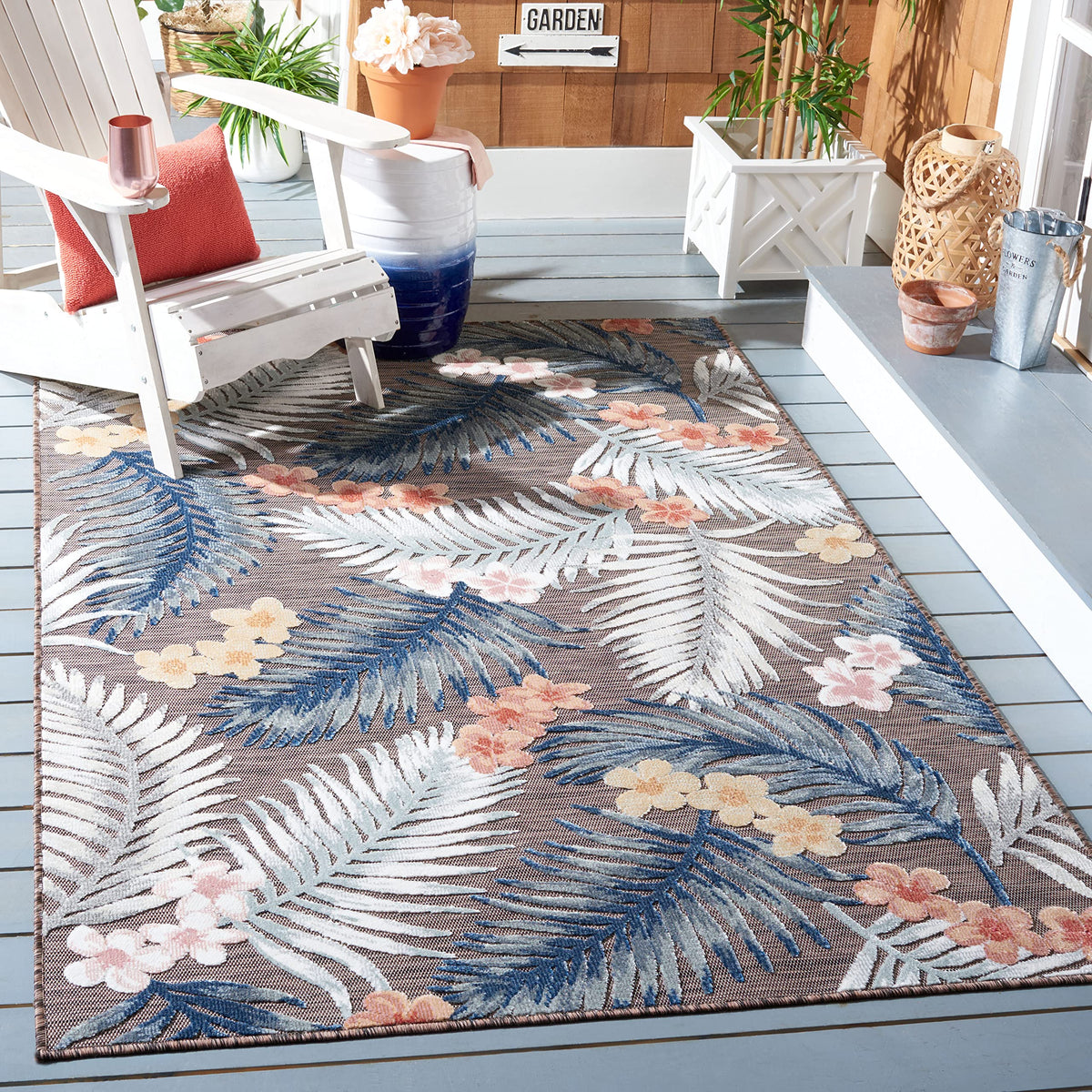SAFAVIEH Washable Rug Outdoor Cabana Collection - 6'5" x 9'6", Blue & Rust, Non-Shedding & Easy to Clean, Ideal for Patio, Backyard, Mudroom (CBN458M)