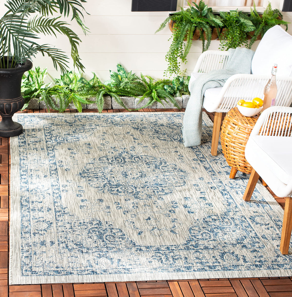 SAFAVIEH Washable Rug Outdoor Courtyard Collection - 6'7" Square, Grey & Navy, Non-Shedding & Easy Cleaning, Ideal for Patio, Backyard, Mudroom (CY8679-368)