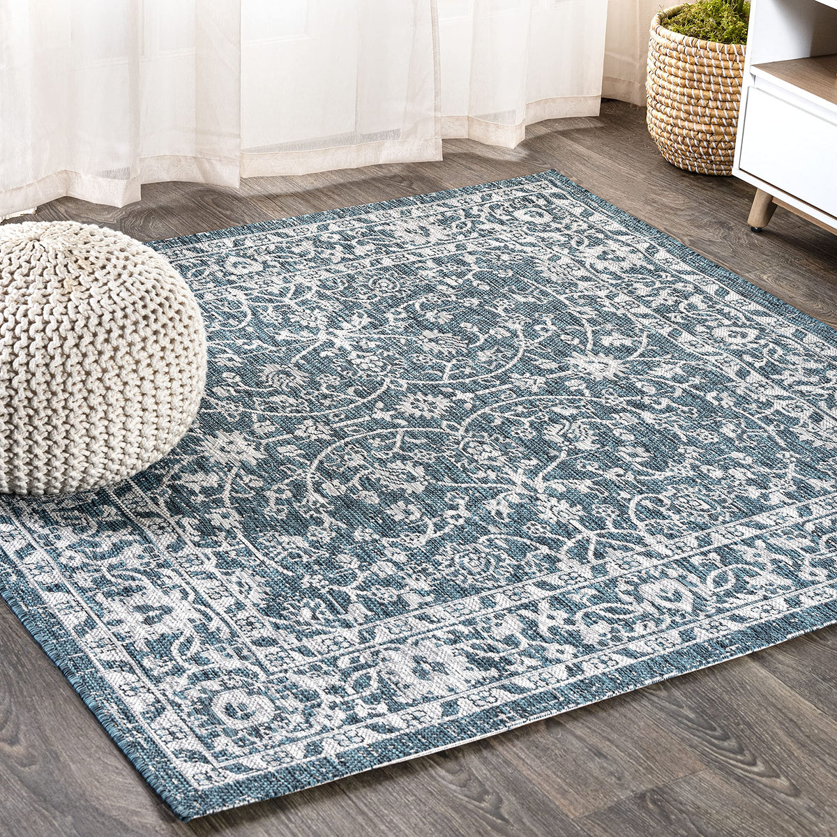 Eyely Vine and Border Octagon Area Rug 8 Ft Navy/Gray, Indoor Outdoor Rug